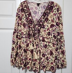 Torrid Cream and Purple Floral Blouse
